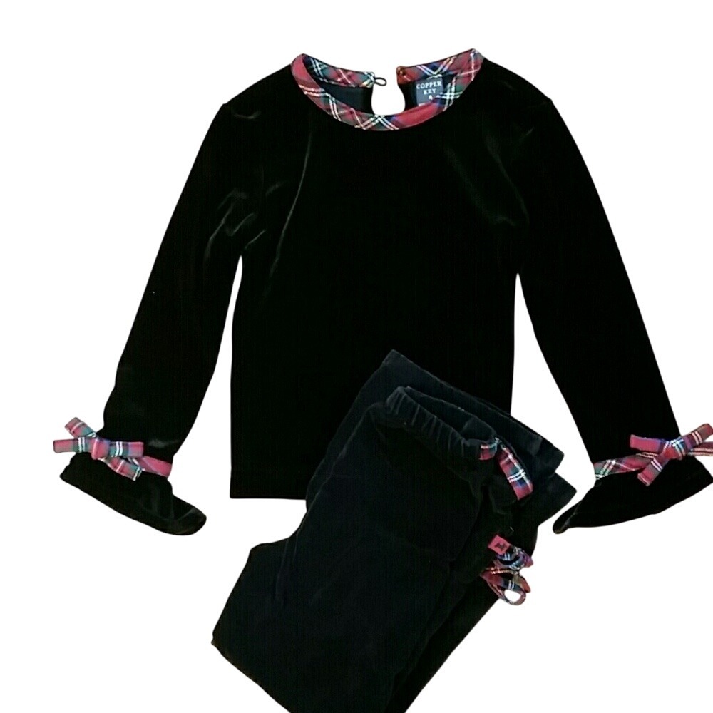 Copper Key Girls‎ 2 Piece Black Velvet Christmas Holiday Plaid Outfit Size 4